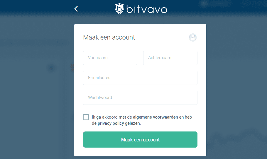 Cryptocurrency kopen met ideal - Bitvavo registratieformulier